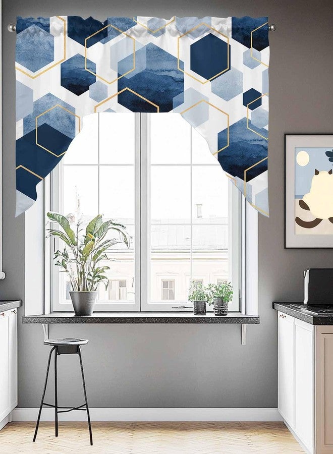 Jolunifun Blue Gold Swag Valance Kitchen Curtains, Rod Pocket Valance Curtain Panels for Bedroom Living Room Bathroom Cafe Windows, Gradual Modern Abstract Geometric White 56''x36'' - Image 3
